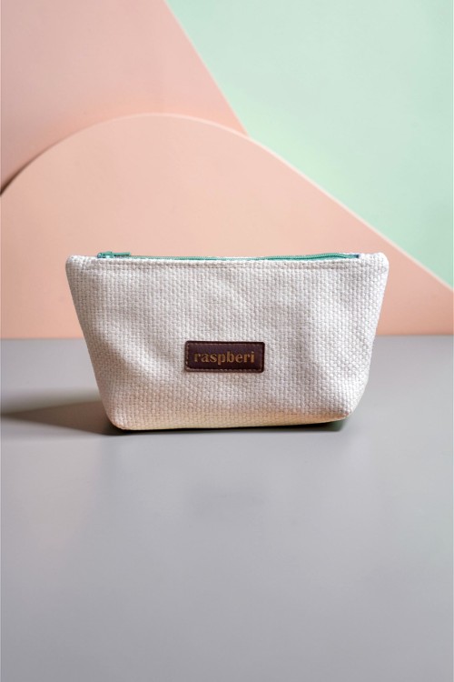 Pleciona kosmetyczka MIDI ecru zielony suwak