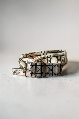 Beżowy pasek do torebki w czarne wzorki