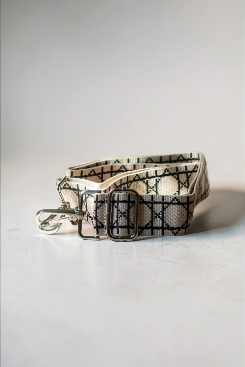 Beżowy pasek do torebki w czarne wzorki