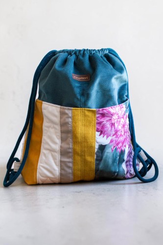 Plecak worek patchwork petrol – unikatowy plecak z weluru z kieszeniami