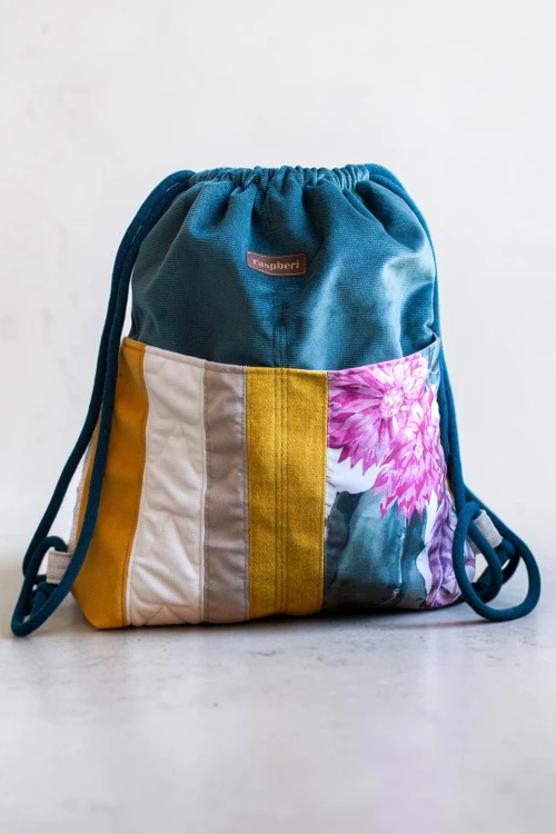 Plecak worek patchwork petrol – unikatowy plecak z weluru z kieszeniami