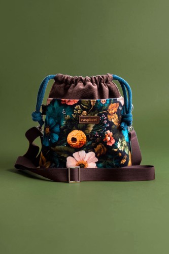 Brązowa listonoszka z kominem w kwiaty, welurowa handmade