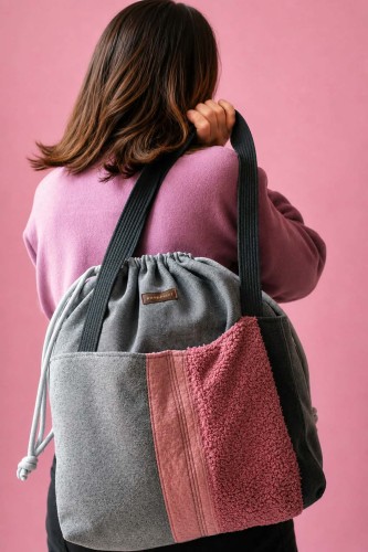 Duża szaro-różowa torba z kominem patchwork