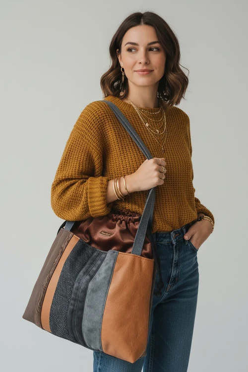 Szaro-brązowa duża torba z kominem patchwork