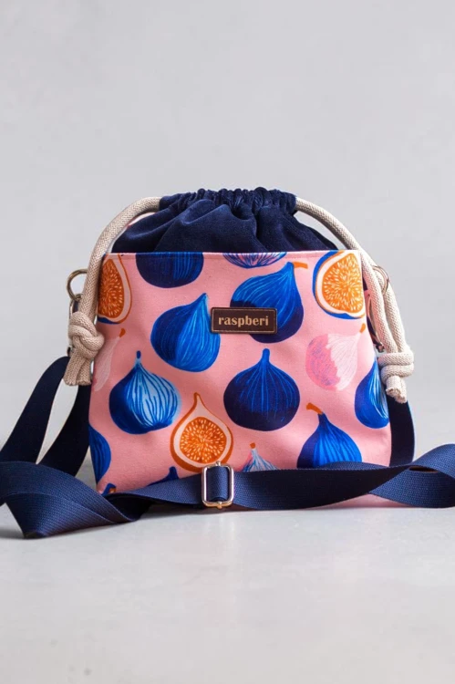 Granatowa listonoszka z kominem z weluru w figi – handmade, unikat