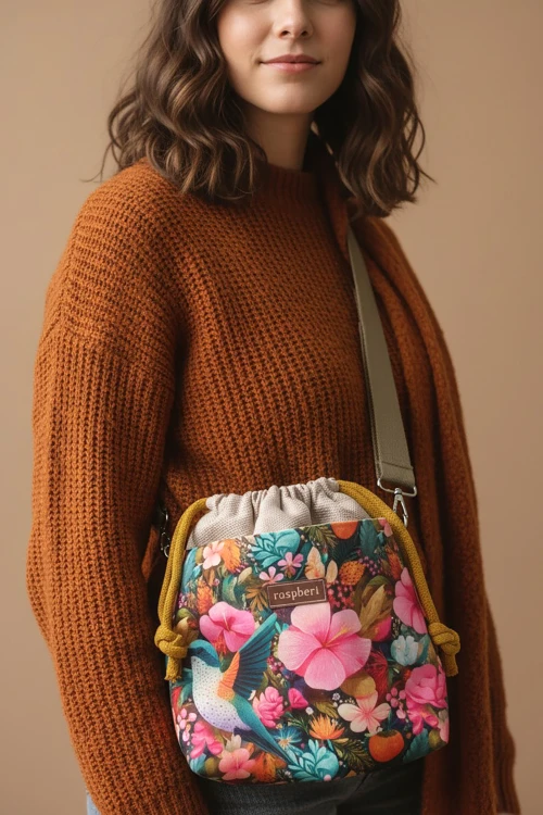 Beżowa listonoszka z kominem z plecionki i weluru w kwiaty i koliberki – handmade