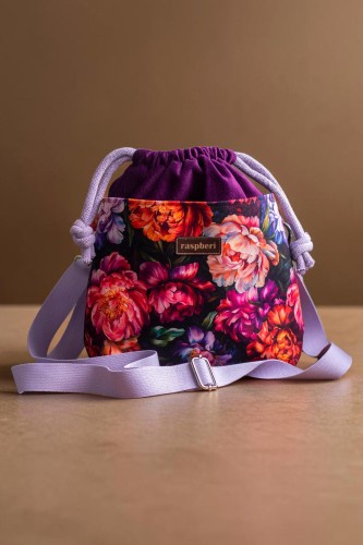 Fioletowa listonoszka z kominem z weluru w peonie – handmade, unikat