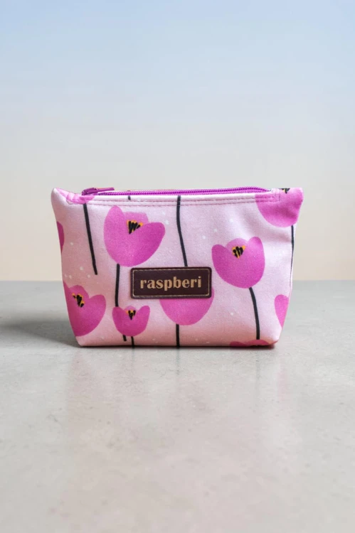 Etui na klucze z różowego weluru w tulipany – handmade