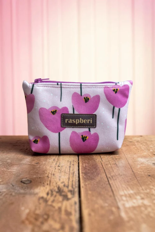 Etui na klucze z różowego weluru w tulipany – handmade