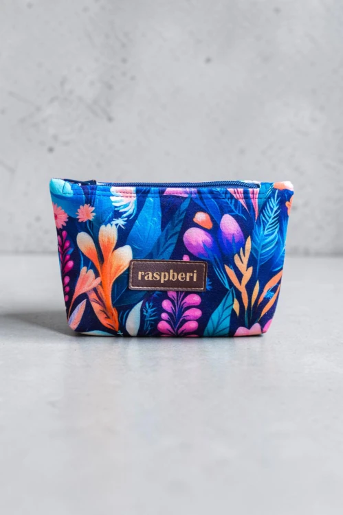 Etui na klucze z granatowego weluru w różowe i fioletowe kwiaty – handmade