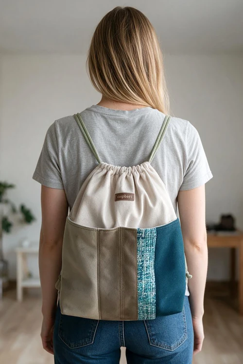 Workoplecak patchwork z kieszeniami – beżowy welur, oliwkowe i turkusowe dodatki