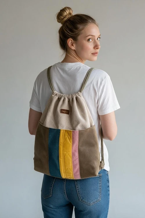 Workoplecak patchwork z kieszeniami – beżowy welur, kolorowe detale