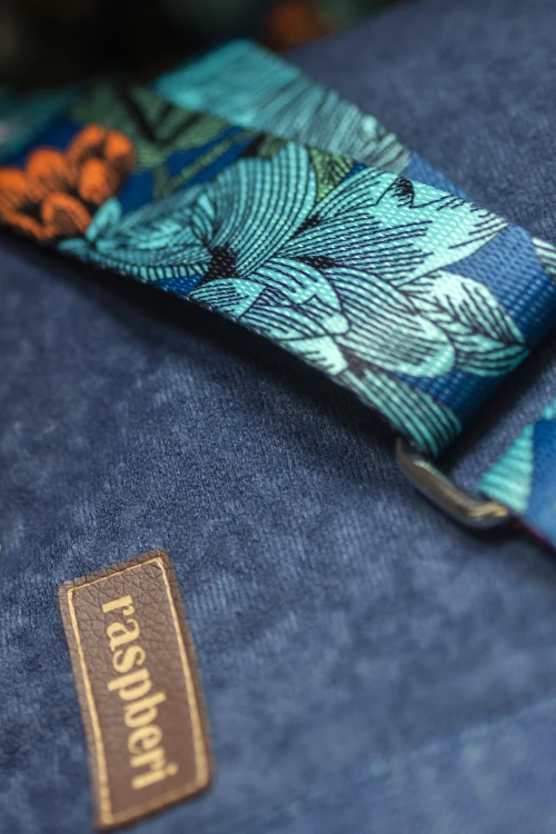 Kopertówka damska granatowa z jeansem – niebieski pasek w kwiaty, handmade