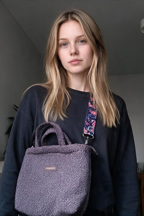 Brązowa listonoszka z bukli baranek handmade – kolorowy pasek, unikat