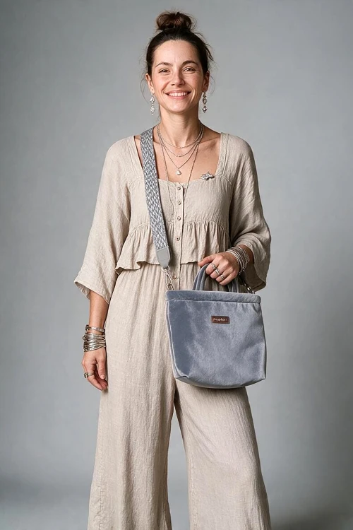 Szara listonoszka z weluru z paskiem w panterkę – unikat handmade